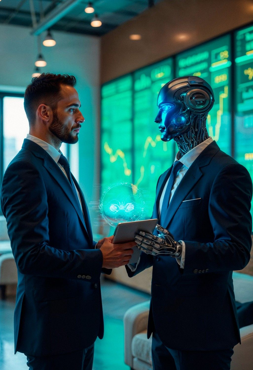 Profissional apertando a mão de um robô — contabilidade com IA